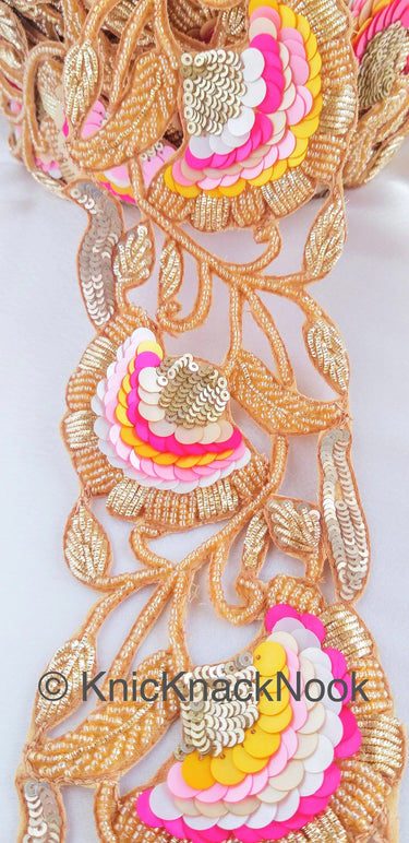 Exclusive Gold Hand Embroidered Cutwork Lace Trim, Floral Embroidery Beaded Trim, Sequins Trim